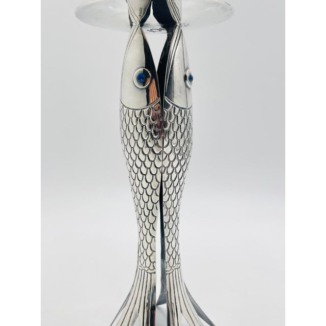 1980s Emilia Castillo Taxco Fish Candle Holder Silver Plate Turquoise Eyes For Sale - Image 10 of 13