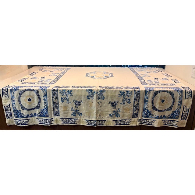 Vintage Blue and White Hand Blocked Chinoiserie Hemstitched Linen Table Cloth For Sale - Image 10 of 10
