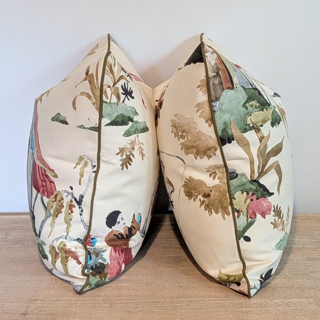 Brunschwig & Fils Brunschwig & Fils Luang Print Pillows in Meadow With Green Cord- Double Sided For Sale - Image 4 of 7