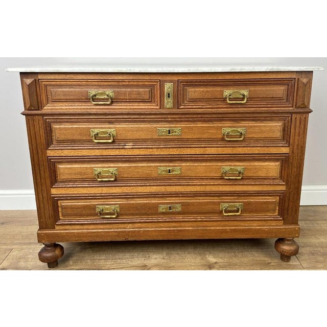 Antique French Oak Marble Top Carved Chest of Drawers For Sale - Image 4 of 15
