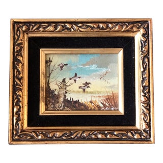 Original Vintage Small Impressionist Painting Landscape With Flying Geese Original Frame For Sale