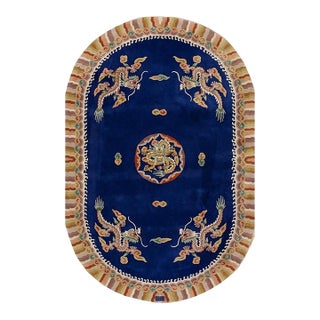 1980s Blue Dragon Modern Vintage Chinese Art Deco Carpet Knotted Wool Oval Rug For Sale