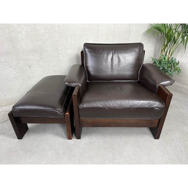 Set of Lounge Chair and Ottoman in Brown Leather and Oak by Harry de Groot for Leolux, 1970s For Sale - Image 3 of 18