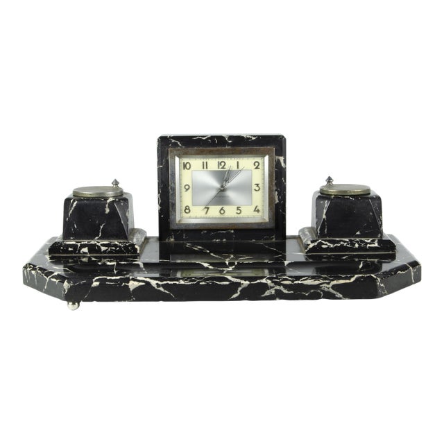 Early 20th Century Art Déco Black Marble Desk Clock and Inkwells With Base, France For Sale