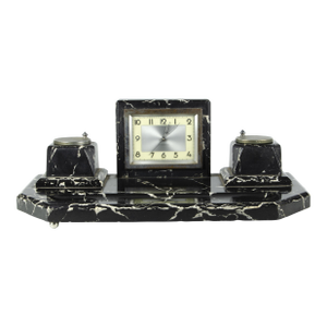 Early 20th Century Art Déco Black Marble Desk Clock and Inkwells With Base, France