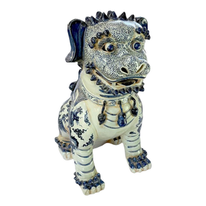 24" Nanking Blue White Porcelain Chinese Temple Guardian Lion Foo Dog Sheshi, Canonbury