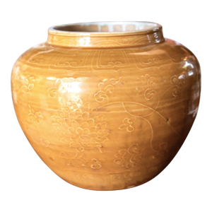 Late 20th Century Chinese Mustard Glazed Incised Slip Decoration Ceramic Vase Vessel