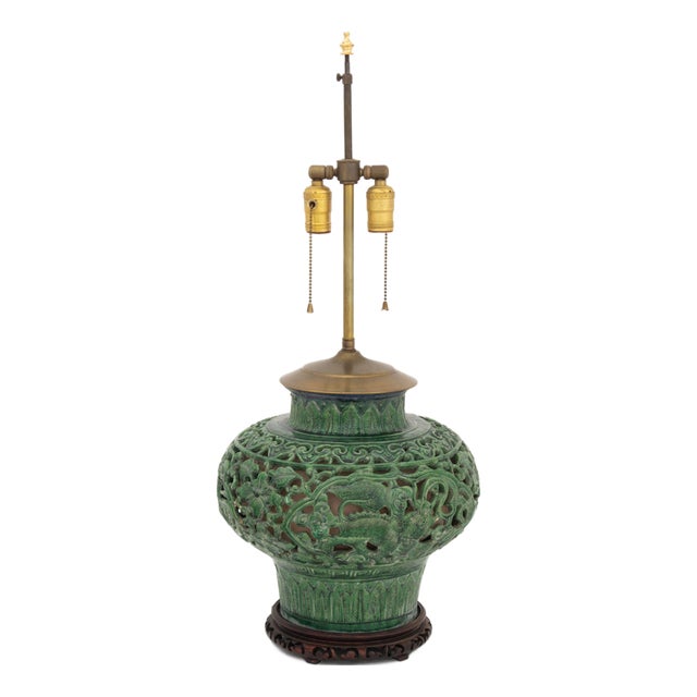 Chinese Spinach Jade Green Glazed Ceramic Pierced Vase Mounted as a Table Lamp For Sale