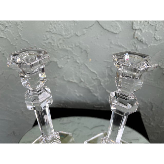 Vintage Val St. Lambert Gardenia Crystal Candlesticks, Pair – Belgian Geometric Art Deco Style For Sale - Image 9 of 11