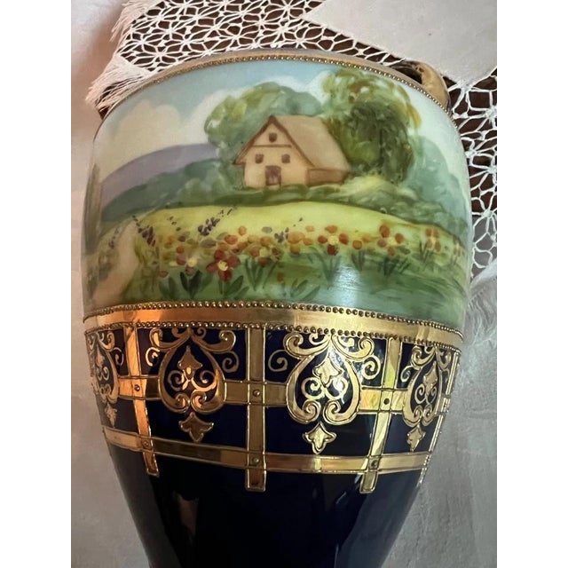 Blue Antique Nippon Porcelain Scenic Vase, Hand-Painted Cobalt Blue & Gold For Sale - Image 8 of 11