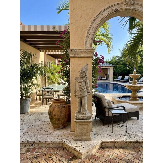 Vintage Cast Stone Pierrot Garden Statue on Pedestal For Sale - Image 12 of 12