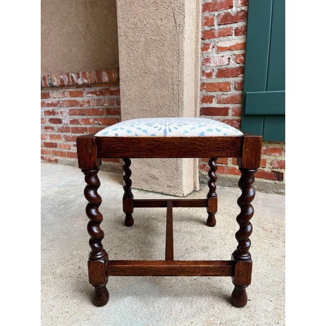 Brown Antique English Oak Barley Twist Stool Bench Jacobean Revival Upholstered C1910 For Sale - Image 8 of 18