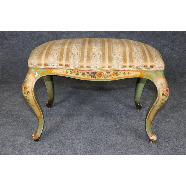 Fine 1940s Venetian Painted Stool – Hand-Decorated Floral Polychrome, Cabriole Legs, Original Damask Upholstery A...