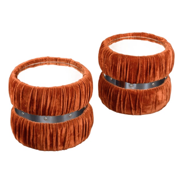 Pair of 1970s Burnt Orange Draped Round Side Tables With Mirror Glass Tops For Sale