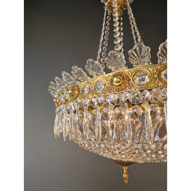 1920s Antique Oval Empire Style Crystal Chandelier Brass Neoclassical Light Restored For Sale - Image 5 of 15