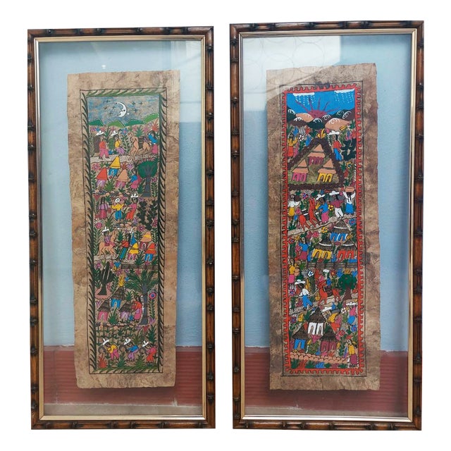 Antique Mexican Paintings on Amate Tree Bark, 1960s For Sale