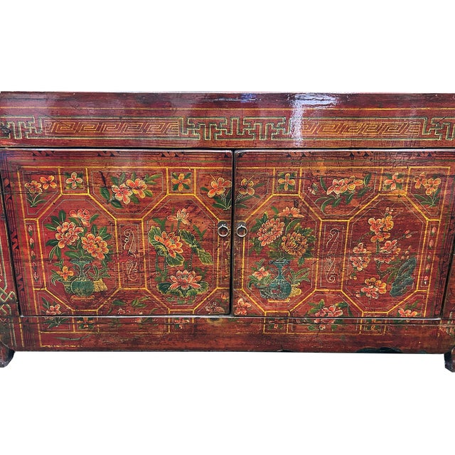 Vintage Orange Red Brown Floral Graphic Credenza Sideboard Cabinet For Sale - Image 10 of 10