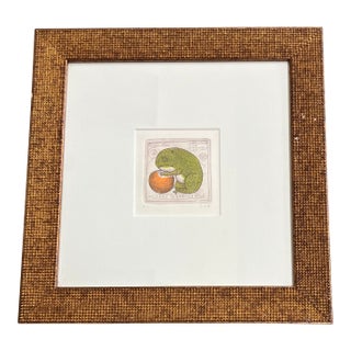 1980’s Original Vintage Miniature Colored Etching “Take It Very Easy” Frog & Fruit Original Frame For Sale