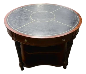Vintage Round Leather-Top Drum Table With Storage
