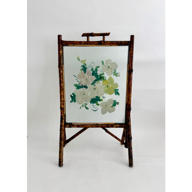 Wood Antique Victorian Bamboo and Hand-Painted Glass Fire Screen, C,1890s For Sale - Image 7 of 9