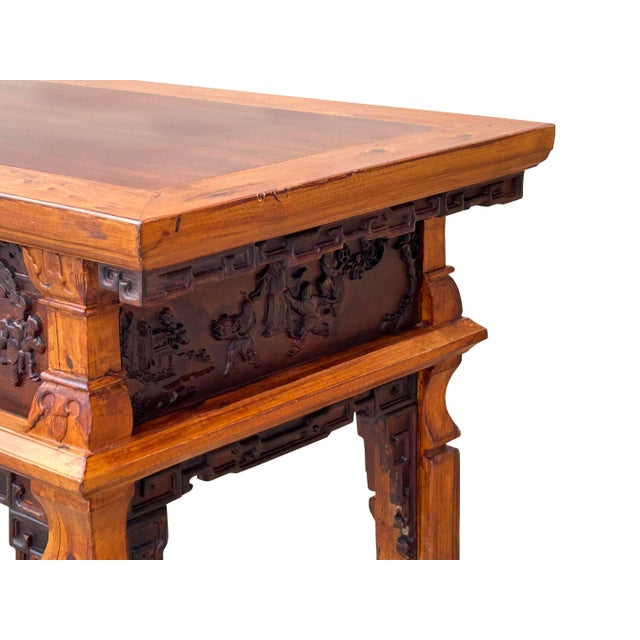 Vintage Two Brown Wood Tone Relief Carving Motif Oriental Console Altar Table For Sale - Image 13 of 13