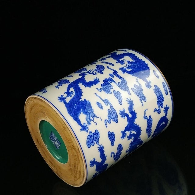 Ceramic Vintage Blue & White Porcelain Dragon Brush Pot With Green Interior For Sale - Image 7 of 9