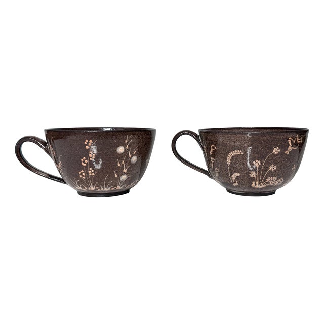 Studio Ceramic Cups with Plant and Animal Decor from Elli & Walter Serocka, Germany, 1970s, Set of 2 For Sale