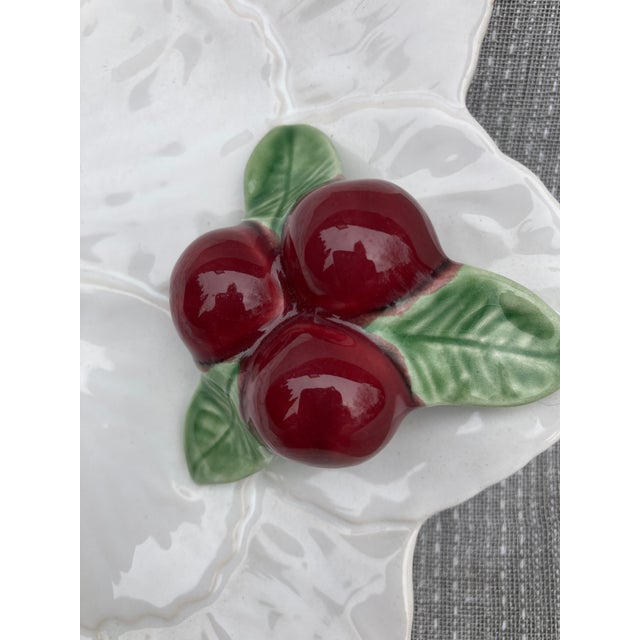 Vintage white leaf serving dish with applied cherry and leaf accent. Stamped Bordallo Pinheiro, made in Portugal. No chips...