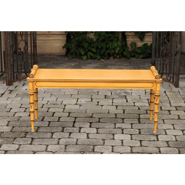 Vintage English Midcentury Goldenrod Painted Wooden Bench with Black Accents For Sale - Image 4 of 11