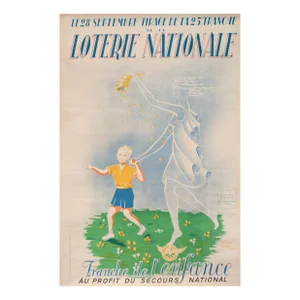 1943 French Loterie Nationale Poster - "Tranche De L'enfance" (Little Boy in a Field)
