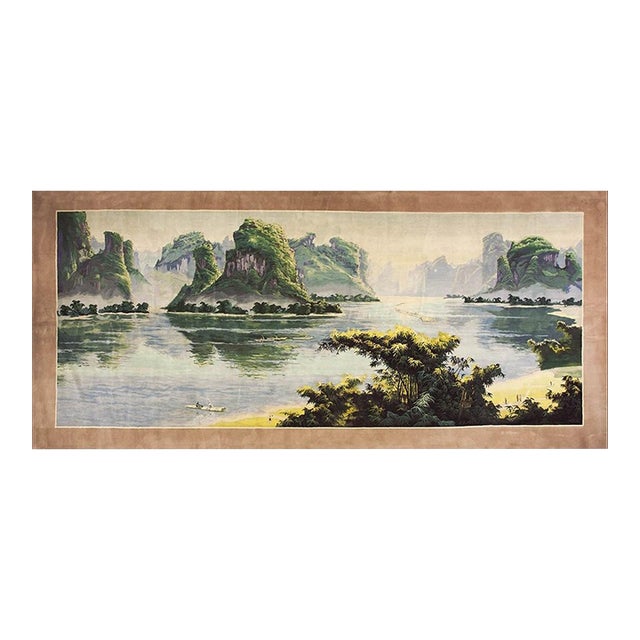 1980s Vintage Large Long and Narrow Size Chinese Scenic Pictorial Knotted Rug For Sale