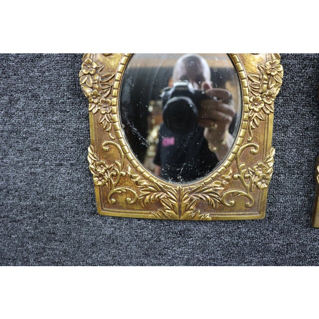 Plastic Pair of Italian Syroco Gold Wall Mirrors With Floral Relief For Sale - Image 7 of 7