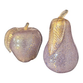 Murano Pear and Apple Figurative Sculptures in Lavender Glass With Gold Flecks, C. 1980 For Sale