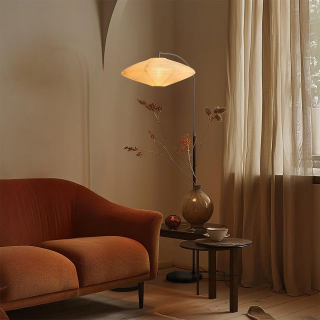 1960s Roswell Floor Lamp - Matte Black Finish, Handcrafted Shinpuru-Sa Linen-Cotton Shade, Black Marble Base, Dimmer For Sale - Image 5 of 12