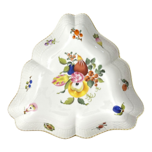 1970s Herend Fruits & Flowers Triangular Serving Dish | Vintage Hungarian Porcelain | Hand-Painted Basketweave Gilded Bowl