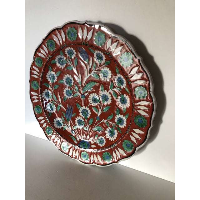 Large Vintage Hand Painted Round Greek Decorative Plate. Hand crafted in Greece. Terracotta plate with green and white...