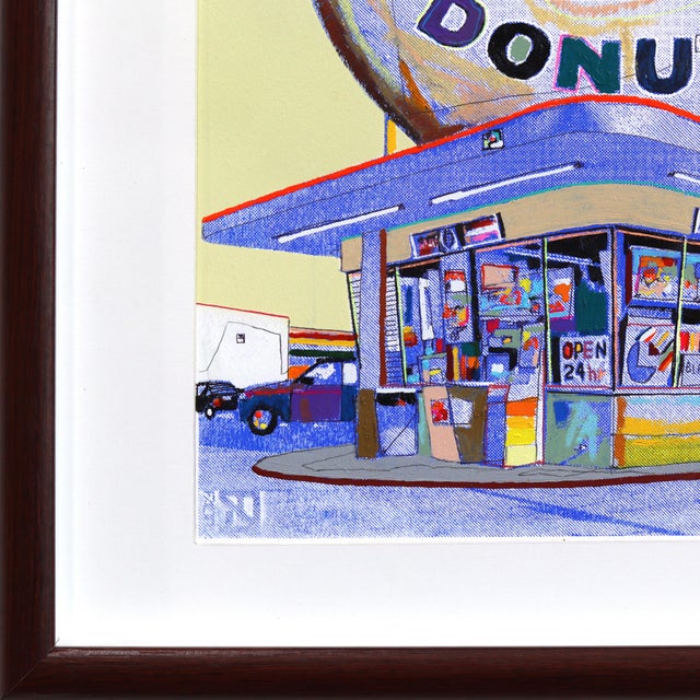 Giant Donut in Inglewood (Blue) - Framed Original Purple Pop Art Mixed Media Work on Paper by Fabio Coruzzi For Sale In Los Angeles - Image 6 of 8