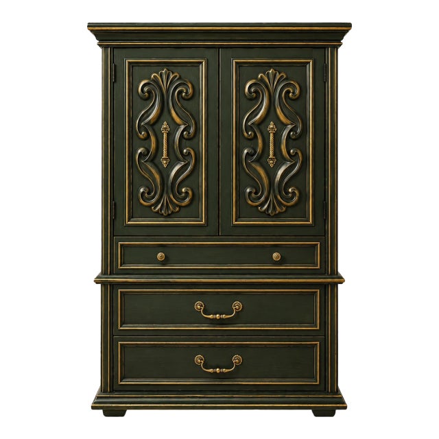 Vintage Mediterranean Revival Gentleman’s Dry Bar Cabinet in Onyx Emerald & Gilded Brass For Sale