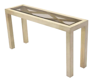 Pickled White Wash Finish Parsons Style Console Table with Glass Top