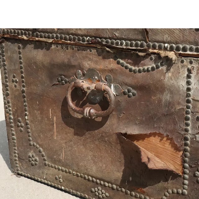 18th Century Portuguese Baroque Leather Studded Dome-Top Coffer Trunk For Sale - Image 12 of 13