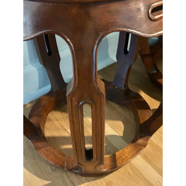 Mid 20th Century Vintage Chinoiserie Hardwood Drum Stools or Tables With Marble and Glass Tops - A Pair For Sale In New Orleans - Image 6 of 10