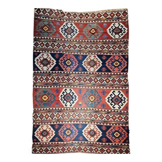 19th Century Caucasian Kazak Kilim, Handwoven Wool, Geometric Pattern, Blue & Green, 7x12 For Sale
