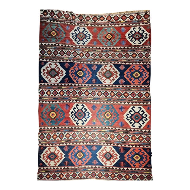19th Century Caucasian Kazak Kilim, Handwoven Wool, Geometric Pattern, Blue & Green, 7x12 For Sale