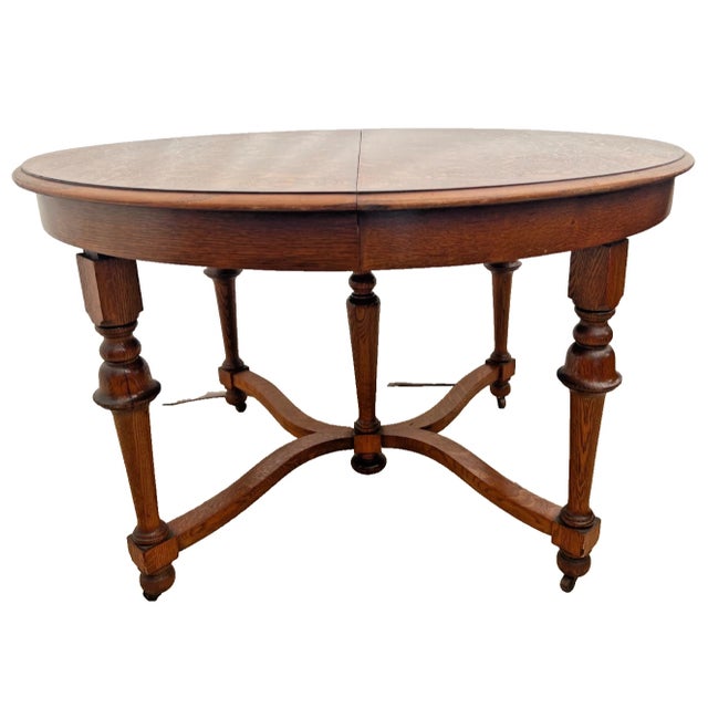 Victorian Early 20th Century Old English Revival Round Expansion Dining Table, Baluster Legs Quarter Sawn Oak For Sale - Image 3 of 15
