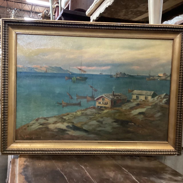 blue seaside painting with sweet little boats 550 net swedish mid century traditional coastal harbor painting, oil signed...