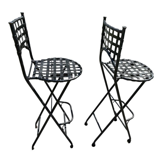 Vintage Folding Metal Bar Stools Pair Black Woven Lattice Basket Weave Indoor/Outdoor Hollywood Regency For Sale In Indianapolis - Image 6 of 9
