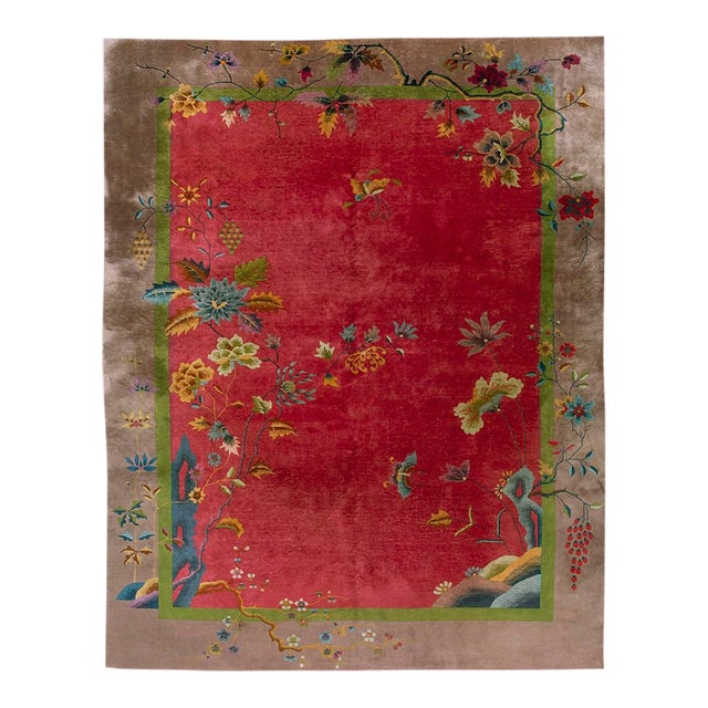 Beautifully Crafted Modern Fuschia Background Rug and Vibrant Multicolor Accents Floral Design For Sale