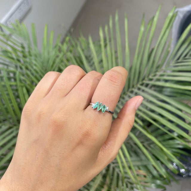 Emerald Handmade Three Stone Marquise Emerald & Diamond Ring in 925 Silver Size 7.5 For Sale - Image 8 of 13