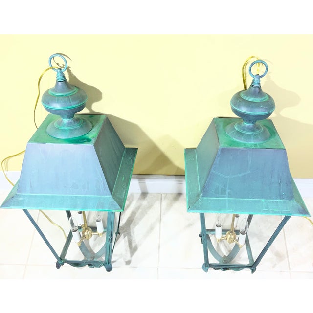 Pair of Solid Verdigris Brass Hanging Lanterns. 14” X 14” X 33” For Sale - Image 15 of 16
