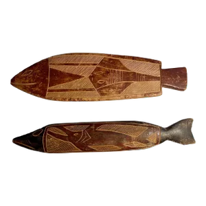 Set of 2 Vintage Australian Aboriginal Hand Carved Wood Fish Spirit Totem Animal